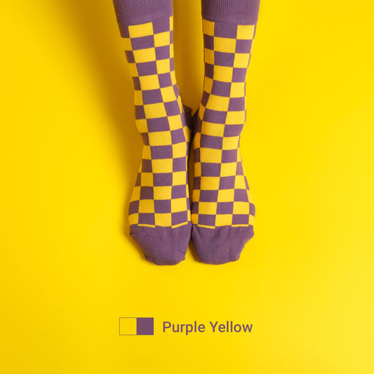 Socks purple yellow chessboard