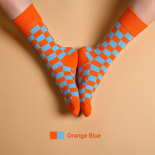 Socks orange blue chessboard