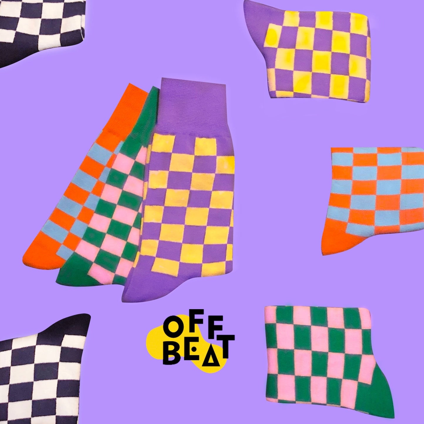 Socks purple yellow chessboard