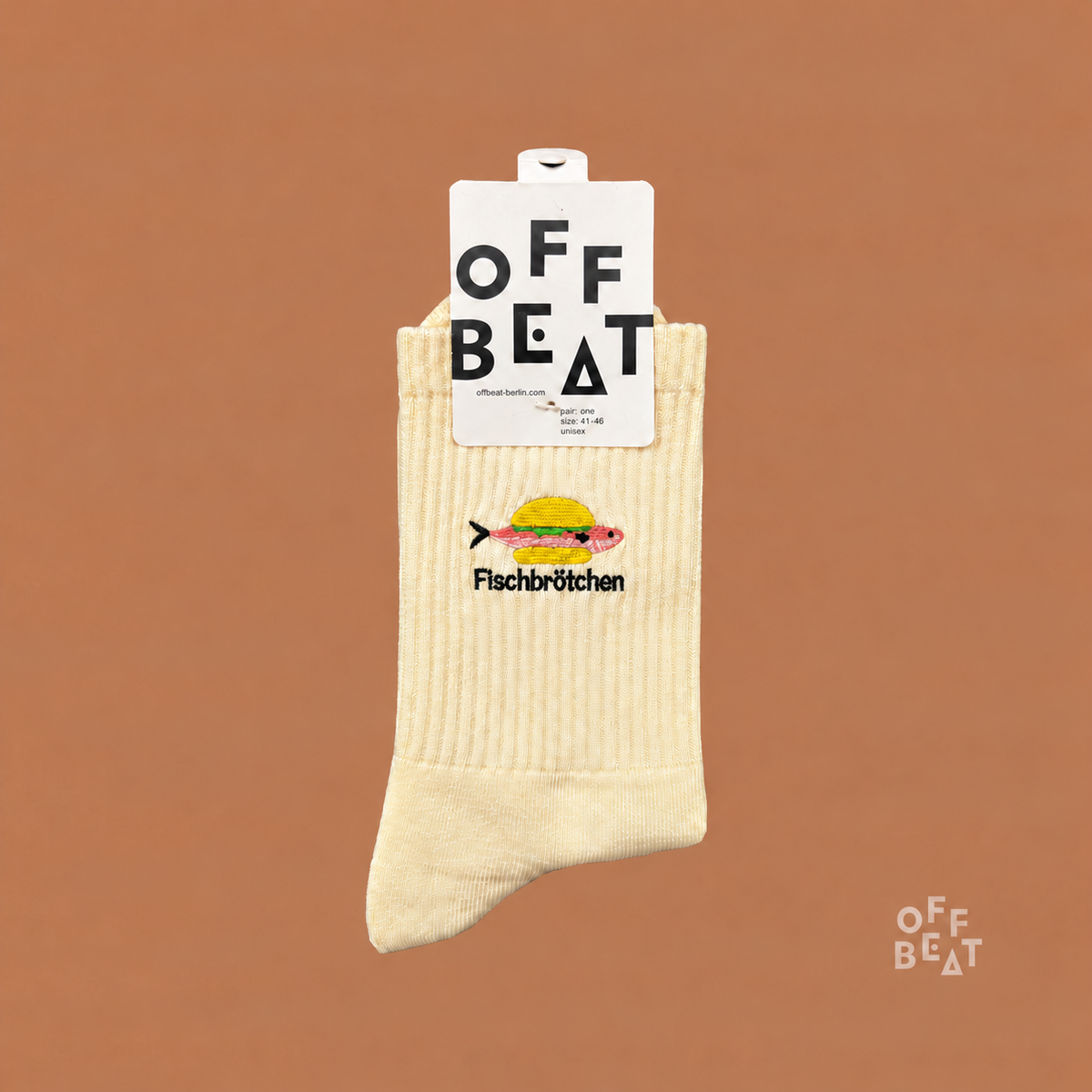 Fischbrötchen cream embroidered socks — packaged view