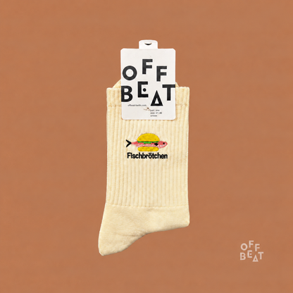 Fischbrötchen cream embroidered socks — packaged view