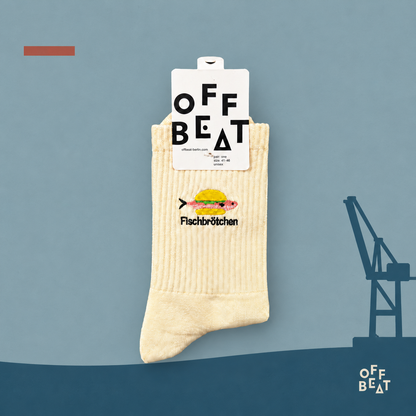 Fischbrötchen cream embroidered socks — Hamburg harbor background